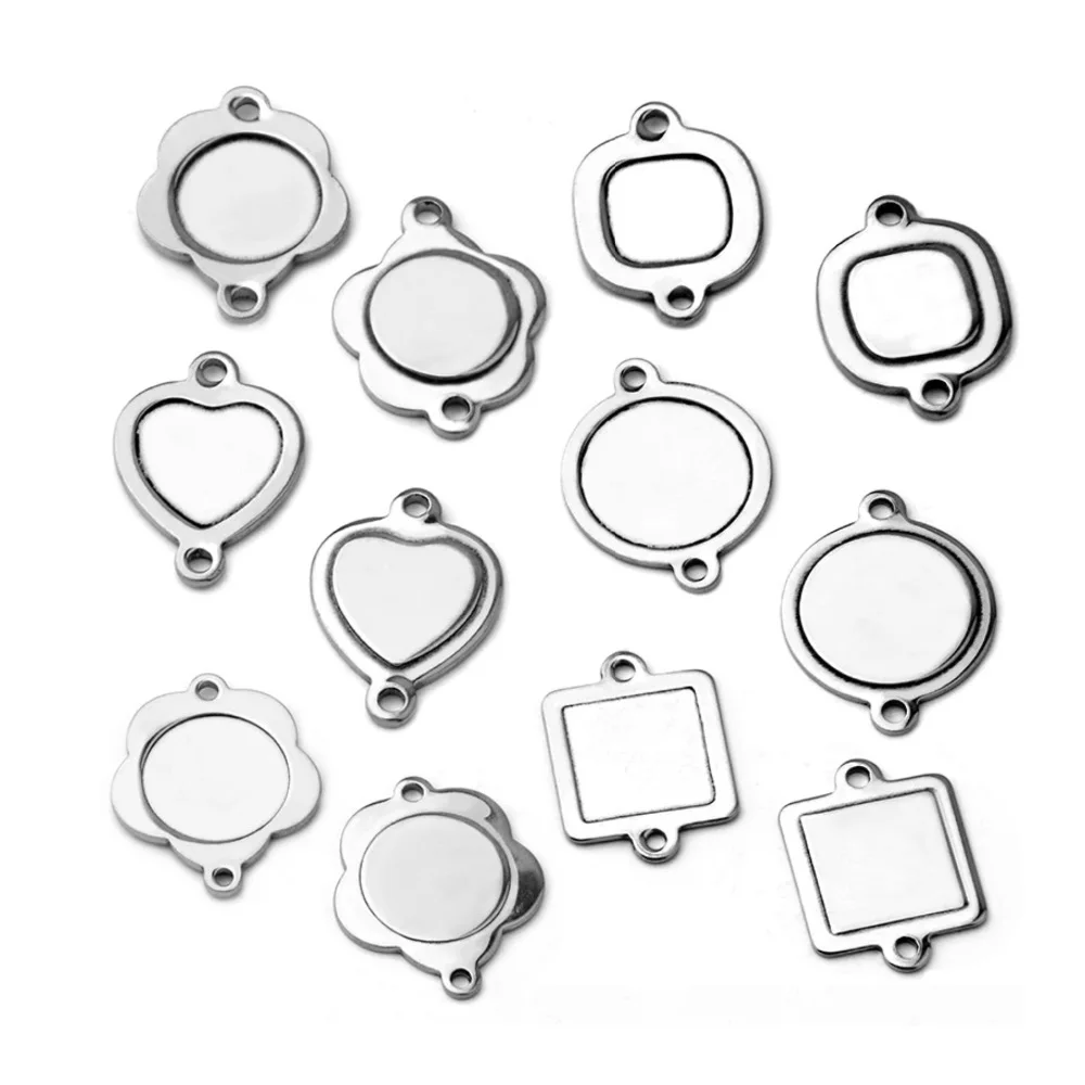 

10pcs Square Heart shape Double hole Stainless Steel Pendant DIY Base Cabochon Settings Blank Tray For Cameo Jewelry Making