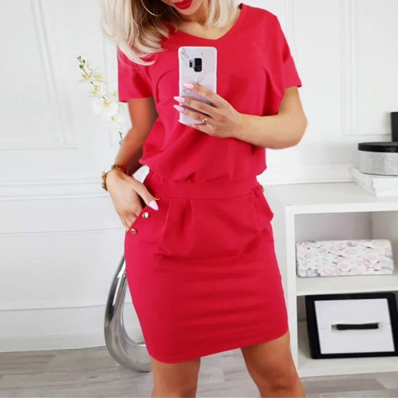 

Summer 2019 Bodycon Short Dress Women V-Neck Short Sleeve Pencil Wrap Dress Red Casual Office Business Dresses Ladies Work Wear