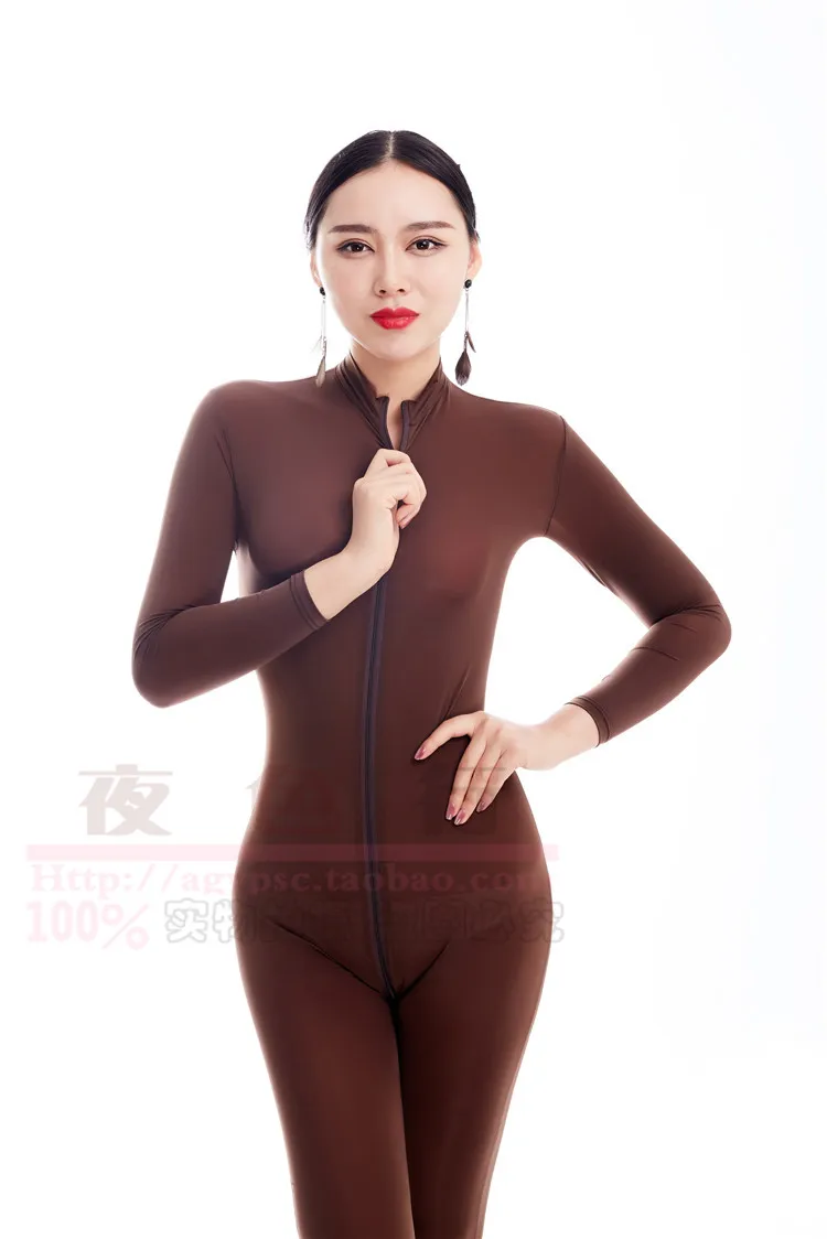  New Sexy Brown Two Way Zipper Open Crotch Bust Transparent Bodysuit Turtleneck Body Stockings Club 