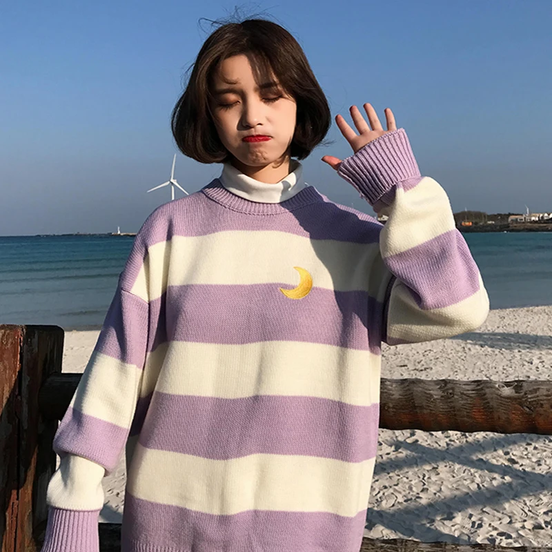 

Autumn Preppy Style Sweet Sweaters Women Loose O Neck Moon Embroidery Striped Hit Color Knitwear Female Cute Pullover and Jumper