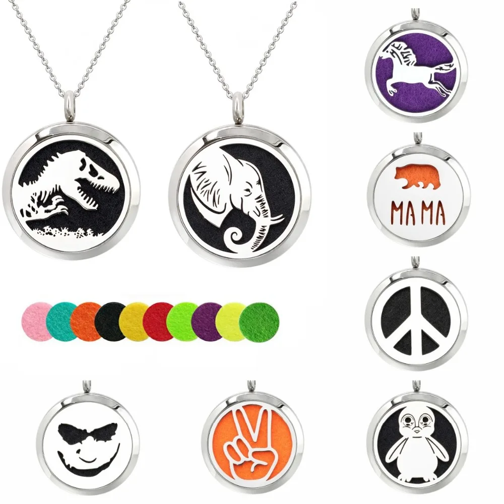 

MAMA Bear dinosaur Peace horse Elephant 30mm diffuser locket Essential Oil 316L Stainless Steel necklace chain jewelry 10pads