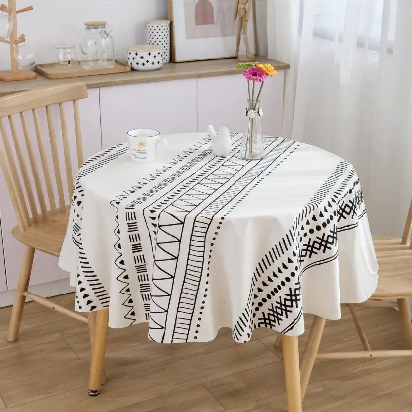 

2019 New Black White Print Table Cloth Cotton Linen Dining Table Cover Bohemian Geometric Round Tablecloth 150cm for Table ZC069