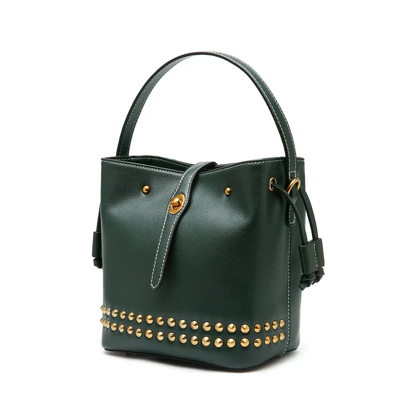 New women's bag Korean beautiful rivets Calfskin bucket bag trend shoulder bag Genuine Leather women messenger bags
