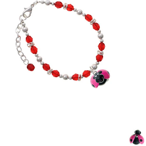 Resin Hot Pink & Black Ladybug Sweetie Red Beaded Bracelet