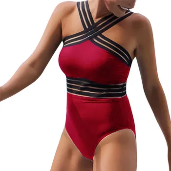 

Fashion See-through one-piece patchwork bathing suit swimsuit backless off shoulder bathing suit underwear set 40mr29
