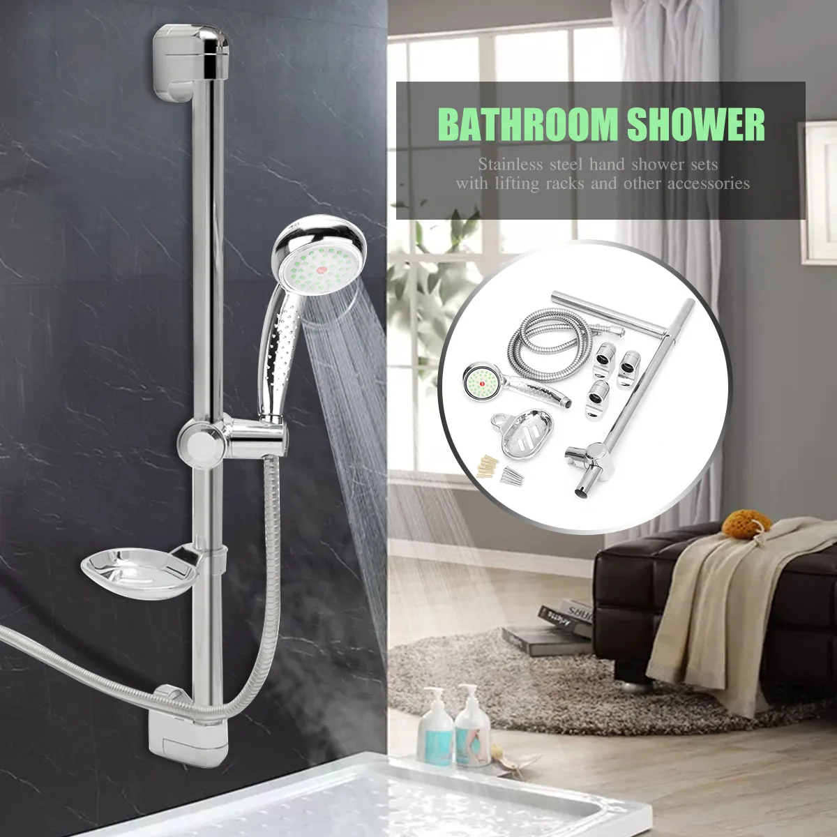 

Height Adjustable Chromium Bathroom Shower Riser Rail Sliding Bracket Shower Head Holder Bar w/Towel Bar Booster Explosion Proof