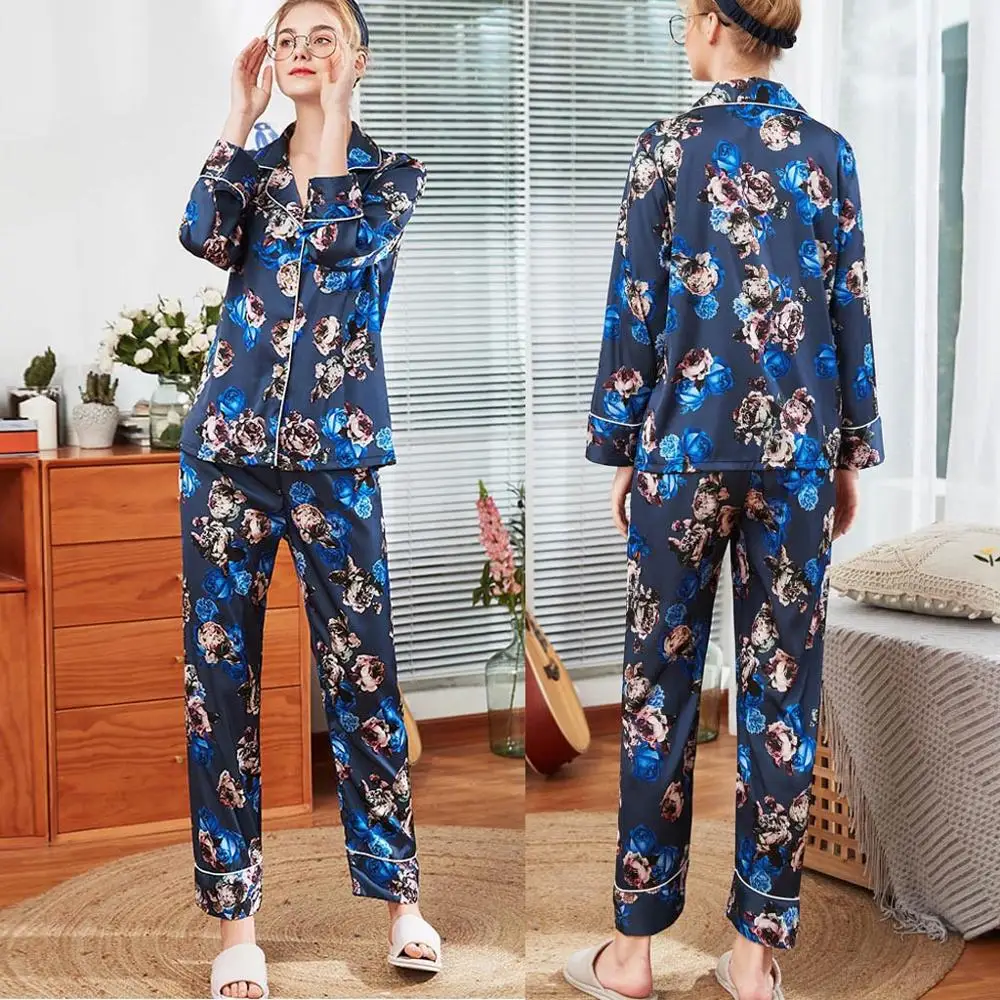 

Women Long Sleeve Printed Summer Satin Top Pants Sets Sleepwear Nightwear