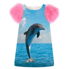 Красивое платье для девочек модные вечерние платья с принтом дельфинов на день рождения; сезон зима-осень; одежда для маленьких детей с рукавами из искусственного меха