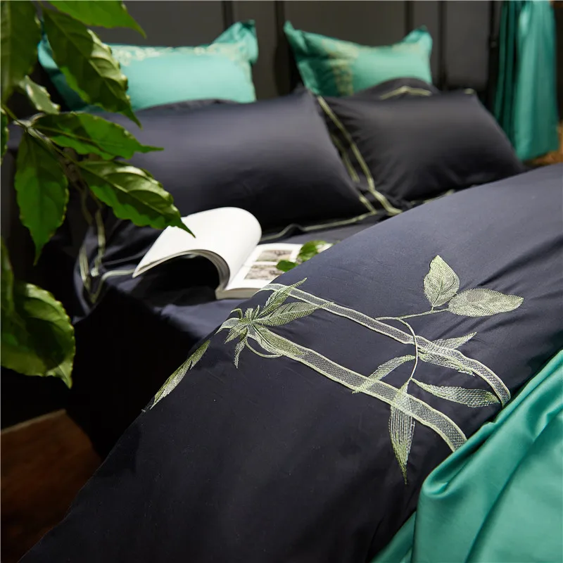Waliicorners Egyptian cotton Bedding Set leaf Embroidery Bed Linens Bed Sheet Set black white Bedclothes Queen/King Size Bed cover 4/6pcs 14 DSC_7133