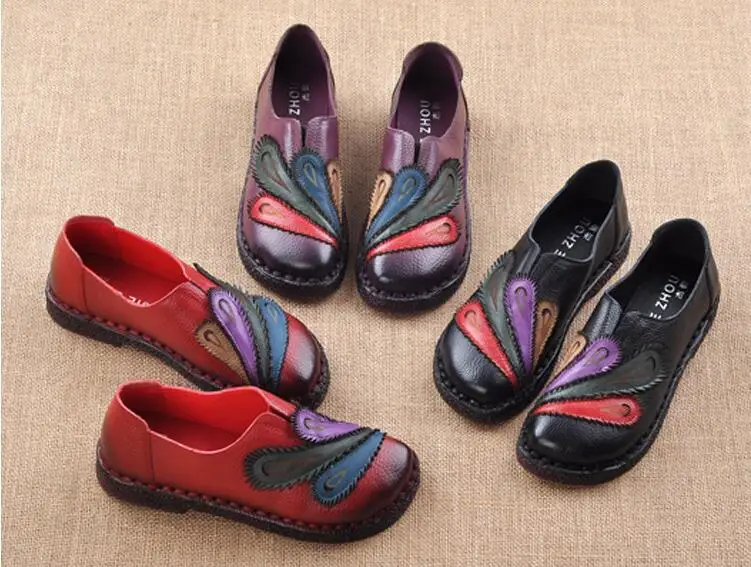 Модная женская обувь; женская обувь из натуральной кожи смешанных цветов на ровной подошве; обувь ручной работы в народном стиле; женские повседневные лоферы на мягкой подошве