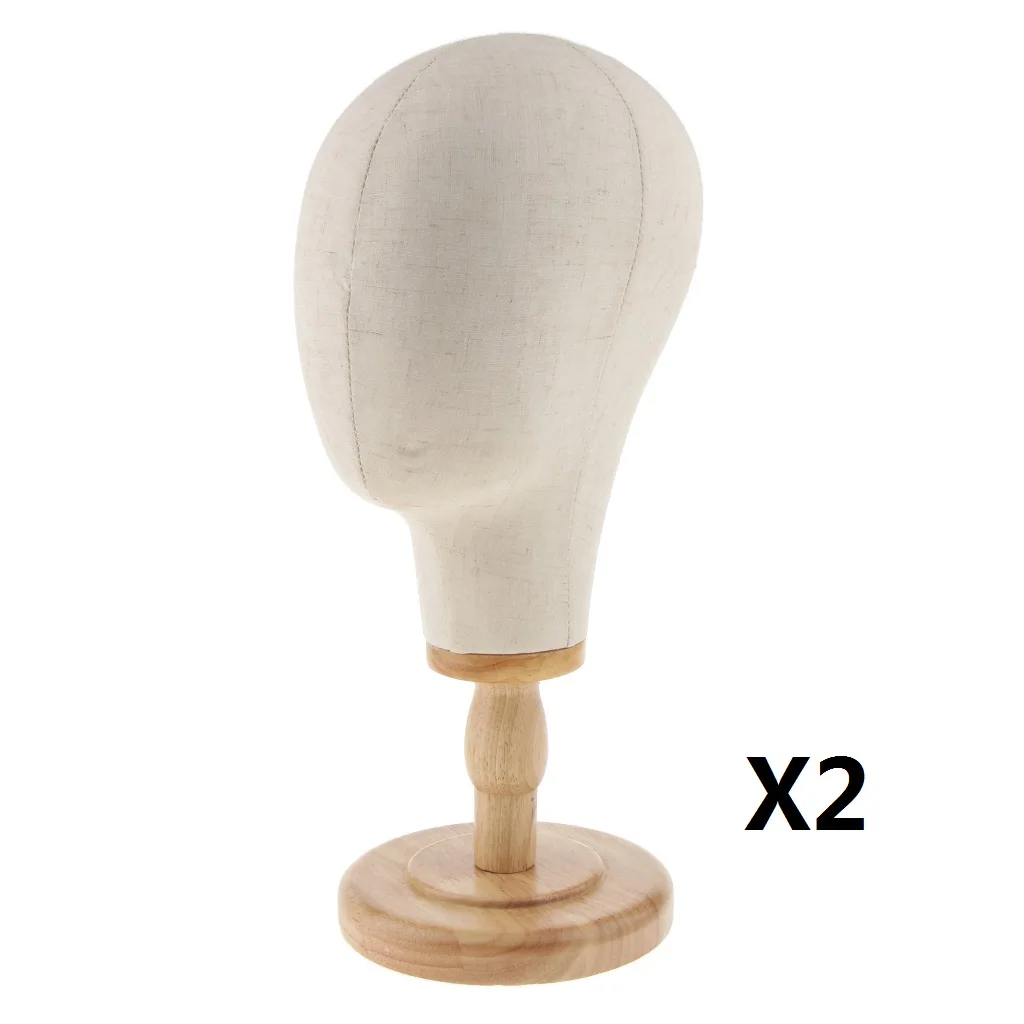 2x 21inch Hats Caps Display Canvas Cork Block Mannequin Head Model + Detachable Wood Stand