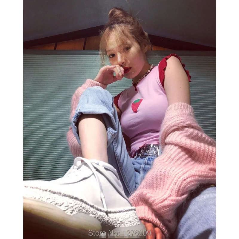 Kpop Kim Hyuna футболка Ретро клубника шик топы тройник милый короткий стиль летняя тонкая одежда Harajuku Женская винтажная