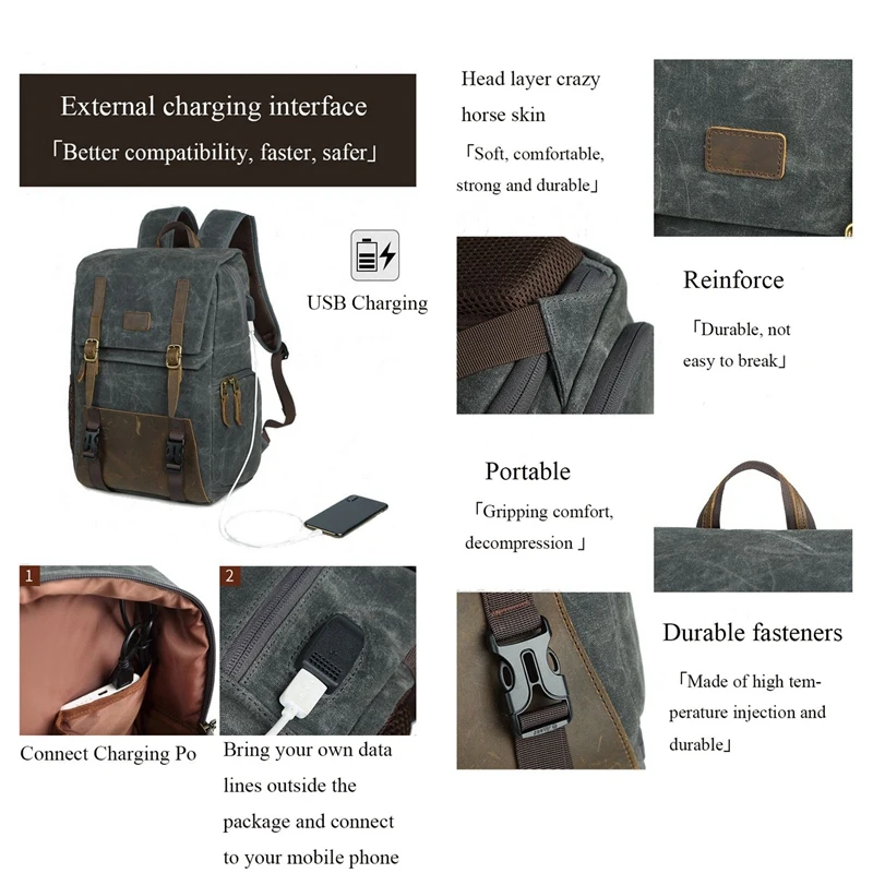  Mochila impermeable TTKK para cámara Digital Slr carga Usb de 156 pulgadas para lente de cámara y p