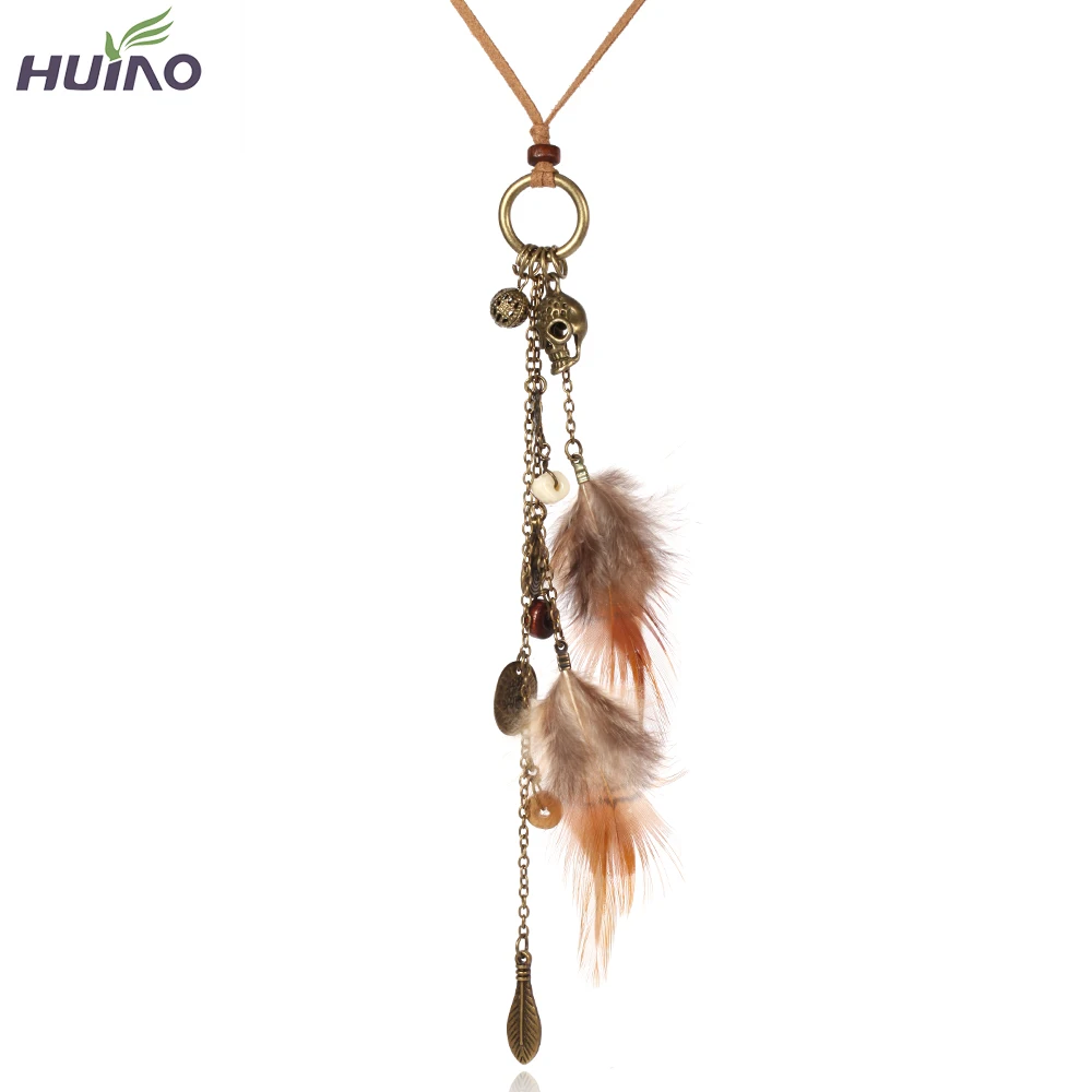 

Skull and Crossbones Feather Beaded Long Leather Chain Necklace Women Fashion Bohemia Charm Necklace for Women
