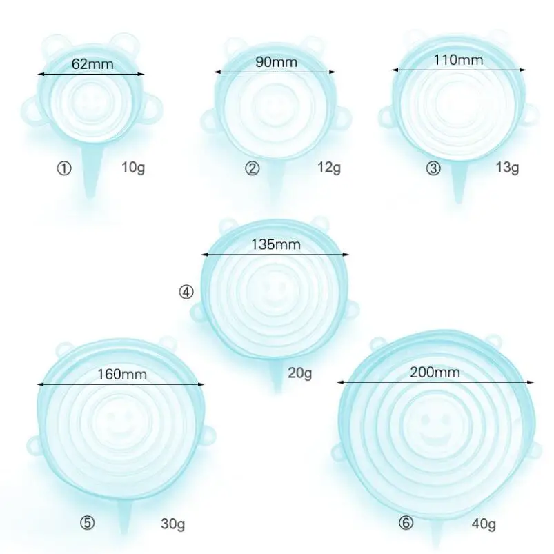 6 шт./компл. силиконовая крышка всасывания-чаша хранения пищи постельное белье сковорода Крышка для кастрюли-силиконовые растягивающиеся крышки CF-69