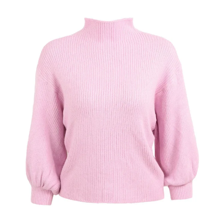 Новинка года; сезон весна-осень; Повседневный Теплый Женский Однотонный свитер; пуловер с круглым вырезом и воротником; рукав-фонарик; вязаный тонкий женский свитер - Цвет: Pink