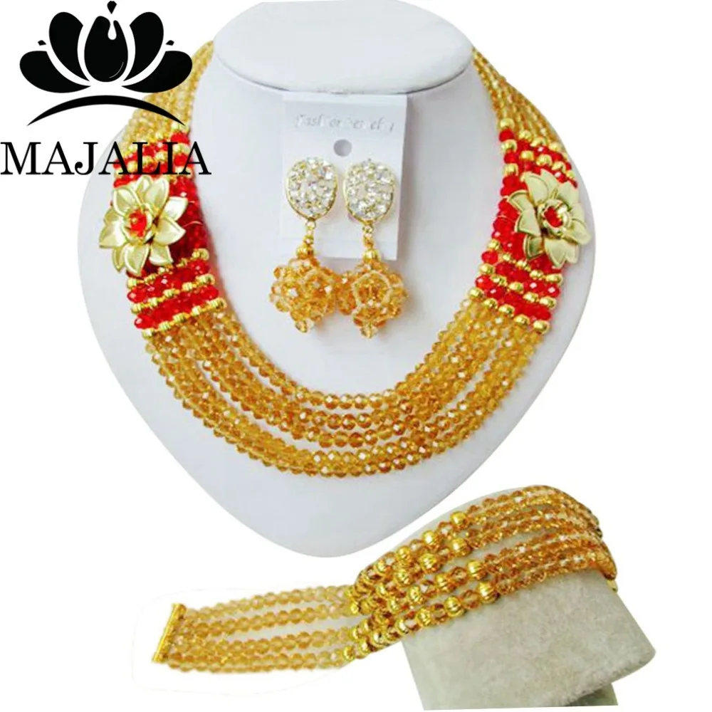 

Majalia Fashion African Beads Jewelry Set Gold champagne Crystal Beads Bride Jewelry Nigerian Wedding Beads Jewelry Sets 5SH007