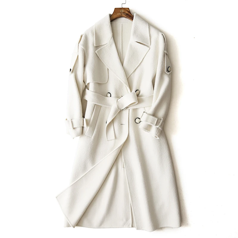 

Wsfs Women's Sheep Wool Alpaca Coats White Warm Winter Belt Trench Long Sleeve Woolen Coat Overcoat Jackets Manteau Femme Hiver