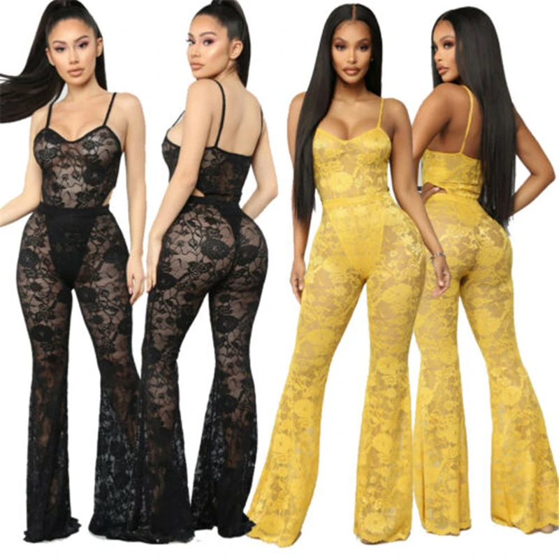 

Women Sexy Sheer Lace Crochet Jumpsuit Romper Night Club Sleeveless Playsuit Club wear Trousers Bodycon Outfit