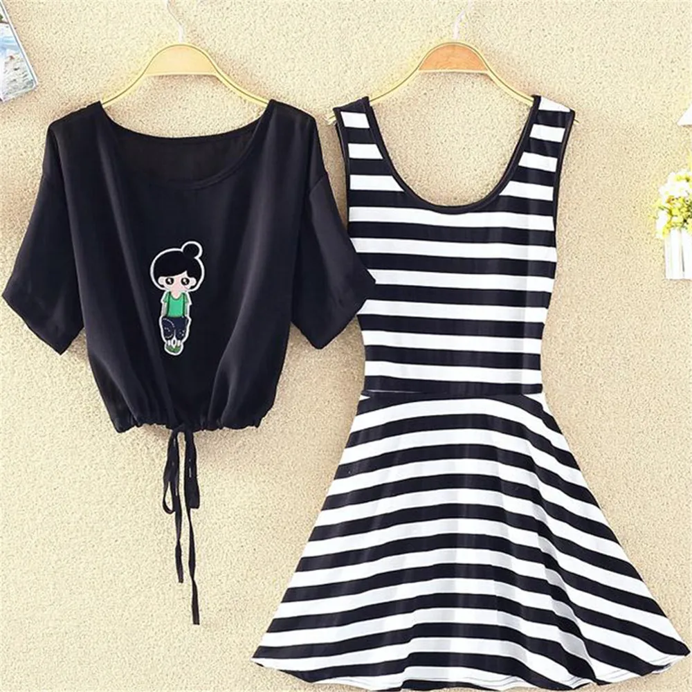 Preppy style 2Pcs Dress 2018 Women Striped Summer School Dress With Cappa Casual Dresses Teenage Girl Clothes Vestidos De Fiesta (5)