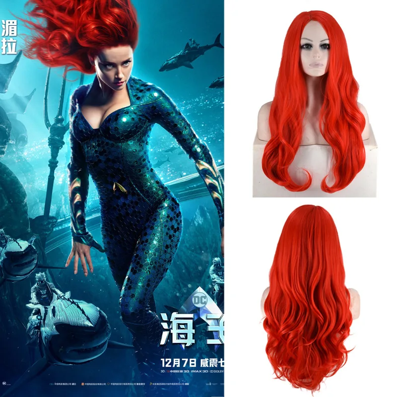 

Aquaman Mera Cosplay Wig American Anime Movie 85cm Long Curly Wavy Heat Resistant Synthetic Hair Women Costume Party Wig Red