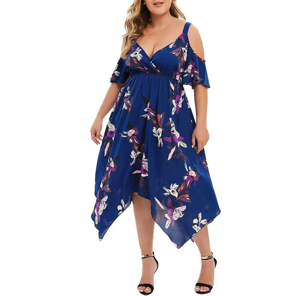 

new women summer dress plus size 4xl 5xl elegant Open Shoulder Casual Floral Prints Handkerchief Short Sleeve V-Neck Dress Q60