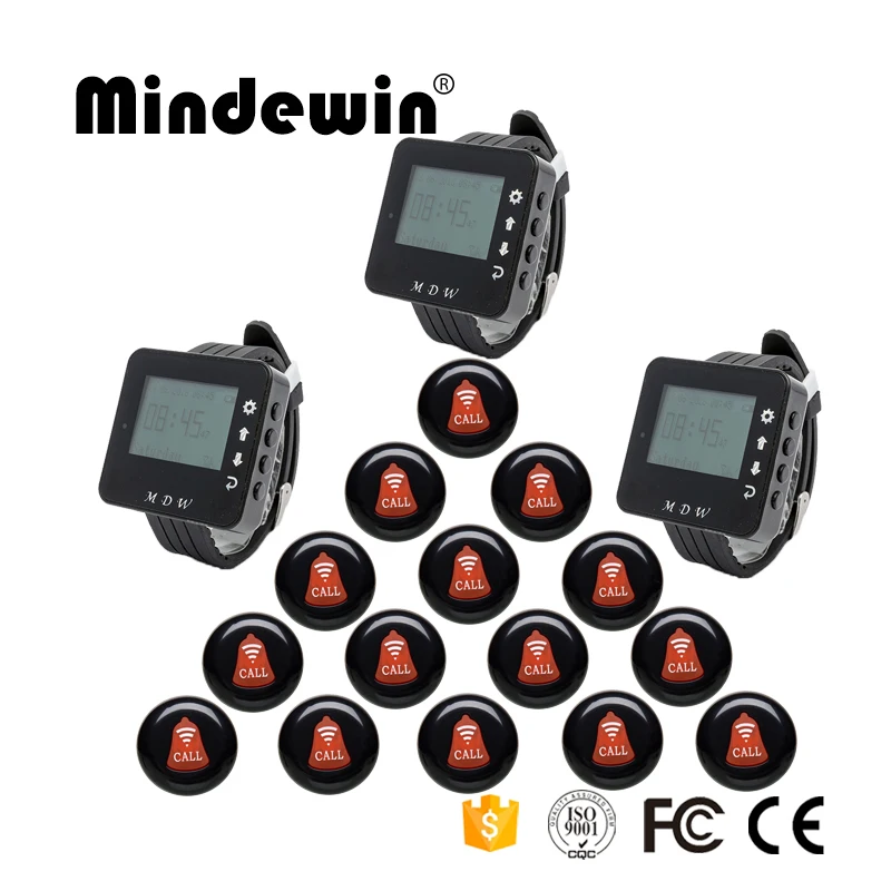 

Mindewin 433MHz Wireless Restaurant Calling System 3pcs Watch Receiver Host +15pcs Call Transmitter Button Pager Restaurant