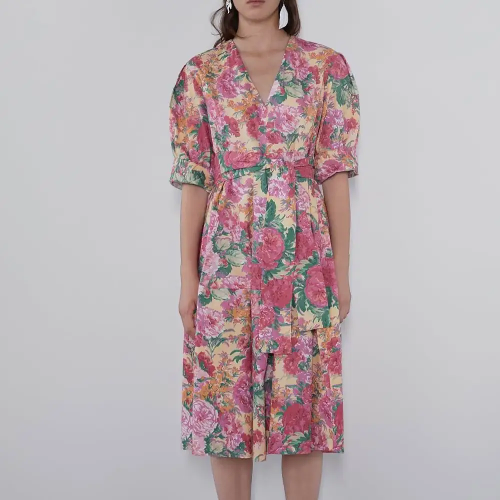 

Women Floral Dress 2019 Autumn New Fashion Prints Pattern Sash Bow Mid-Calf Vestidos Modern Lady Loose Dresses