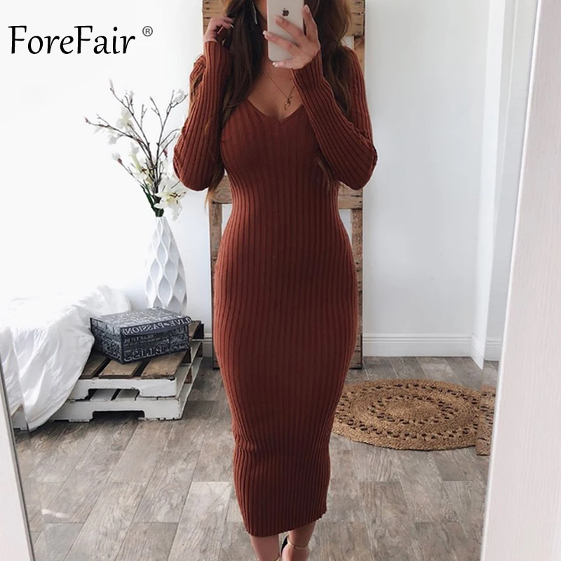 Miglior Forefair Lavorato A Maglia Midi Vestito Delle Donne di Autunno 2019 Con Scollo A V di Base Sottile A Coste Manica Lunga Aderente Solid Nero Bianco Sexy di Inverno vestito
