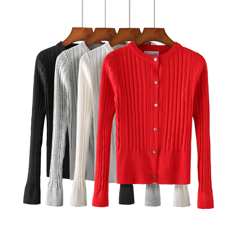 

women full sleeve Cardigans Sweater O-neck Solid color women top Single breasted 4 colors red white black and gray