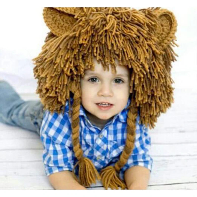 

Autumn Winter Baby Wig Hat Knitted Handmade Toddler Kids Lion Hat Caps Boys Girls Cosplay Party Fun Hat Beanie Halloween