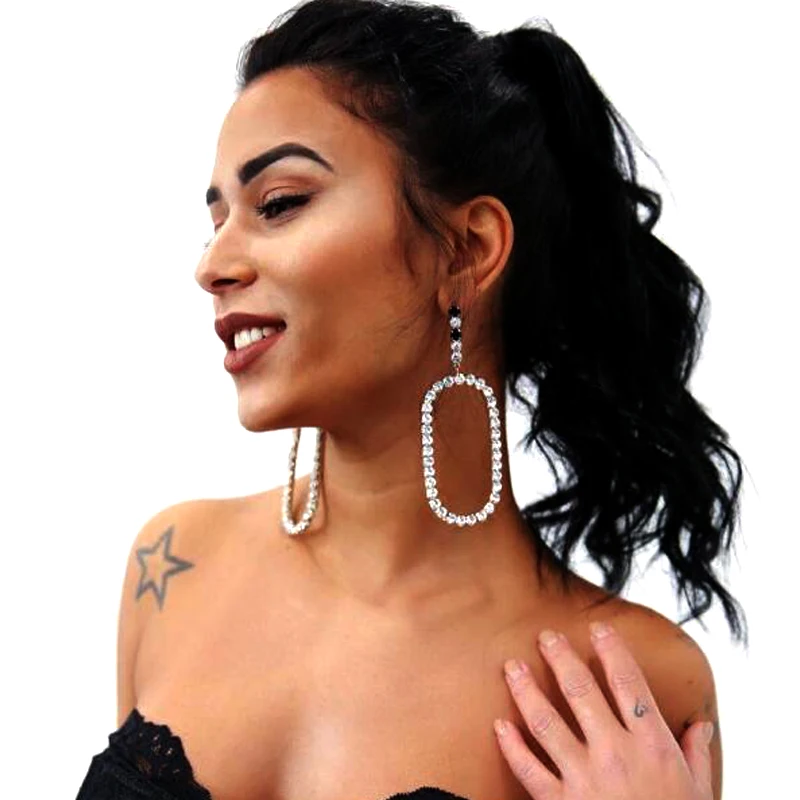 

New Fashion exaggerate pendant Earrings Rhinestone Circle Earring Simple Big Circle silver Color Loop Earring For Women
