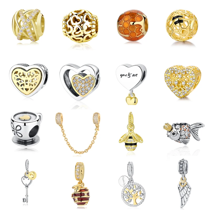 

100% 925 Sterling Silver Fish Coffee Cup Locket Heart Wings Bee Gold Charm Bead Fit Original Pandora DIY Bracelet Jewelry Making
