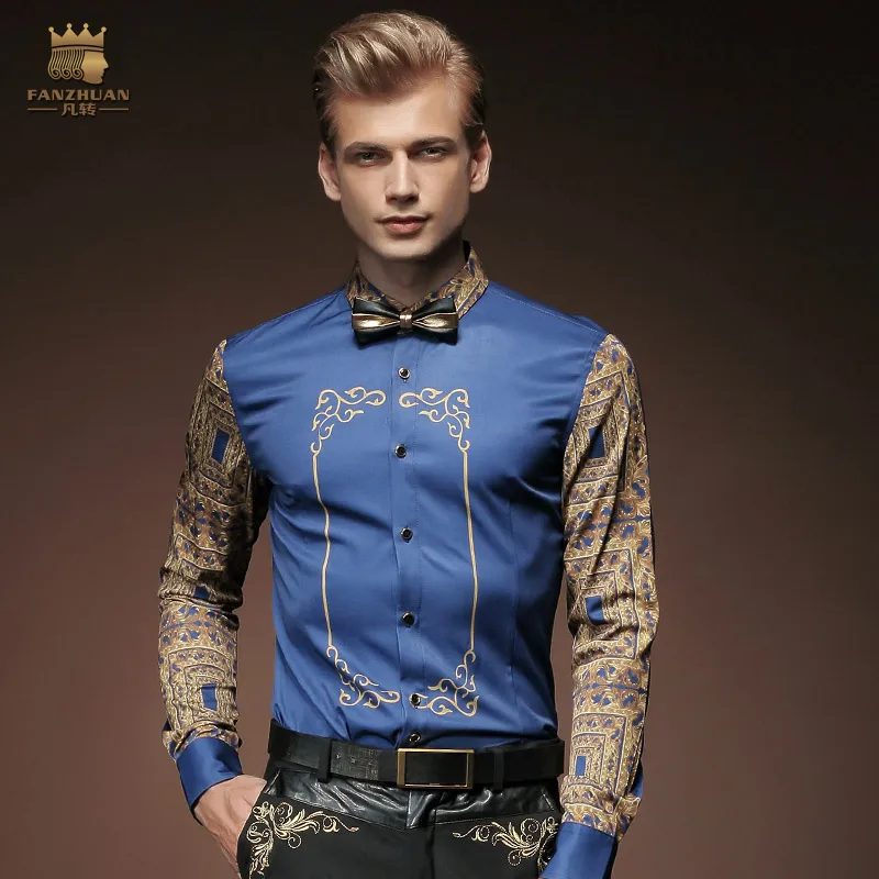 FanZhuan Новая модная повседневная мужская Весенняя синяя рубашка с длинными рукавами и принтом 15228 распродажа