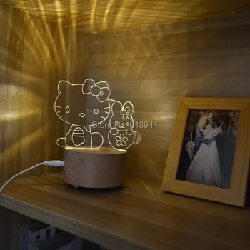 

Hot Selling Wooden Modern LED 3D Desk Lamp Creative Fashion Bedroom Bedside Night Light Birthday Gift Hello Kitty Melody
