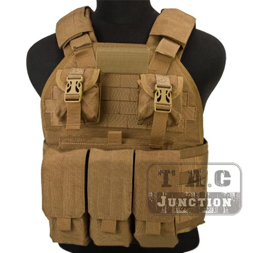 

Emerson Tactical Compact High Speed Plate Carrier SPC Coyote Brown Adjustable Vest with Triple M4 M16 Magazine Mag Pouches Body