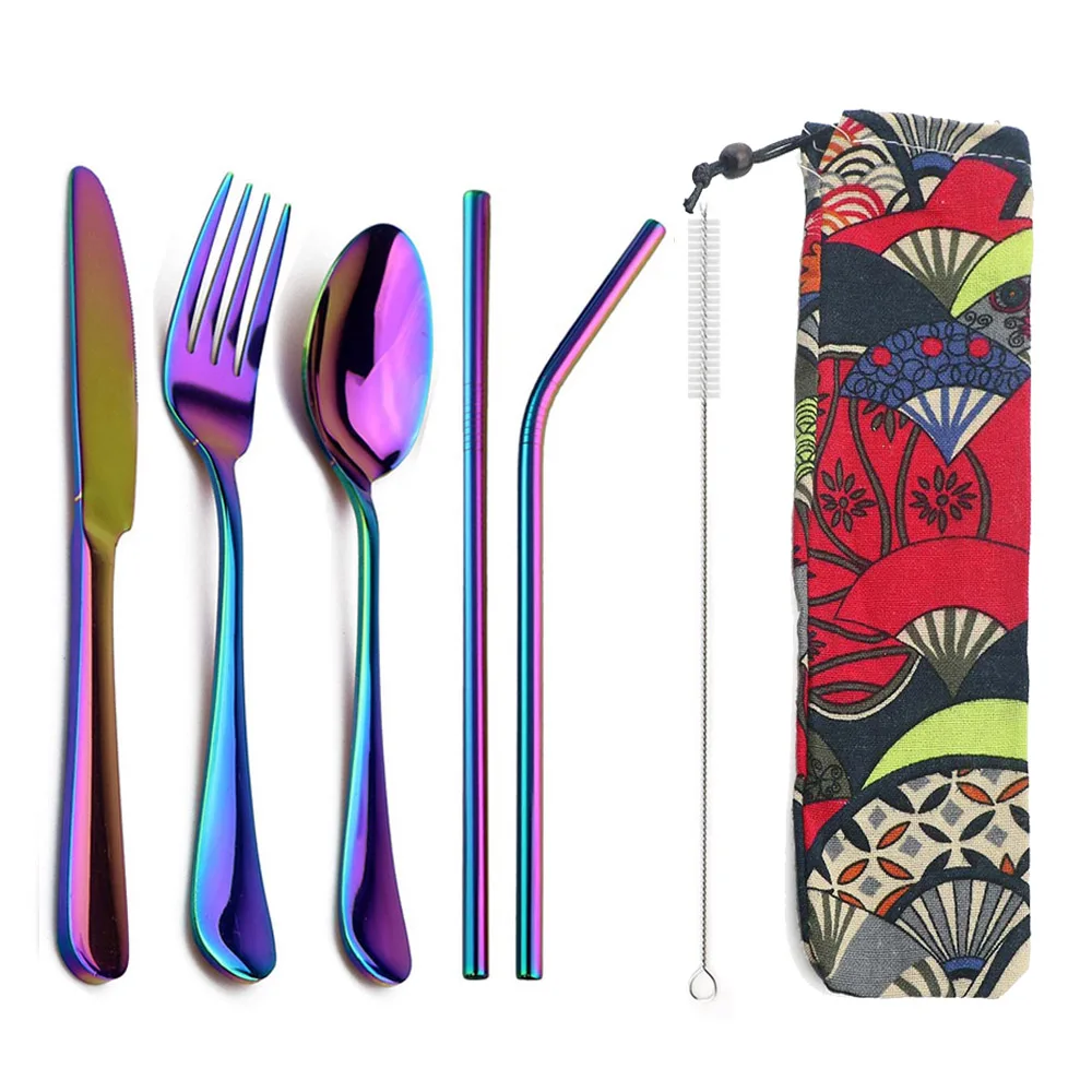 7Pcs Multicolor Silverware Set Stainless steel Cutlery Dinner Knife Fork Colorful Tableware With Drinking Straw Bag Brush | Дом и сад