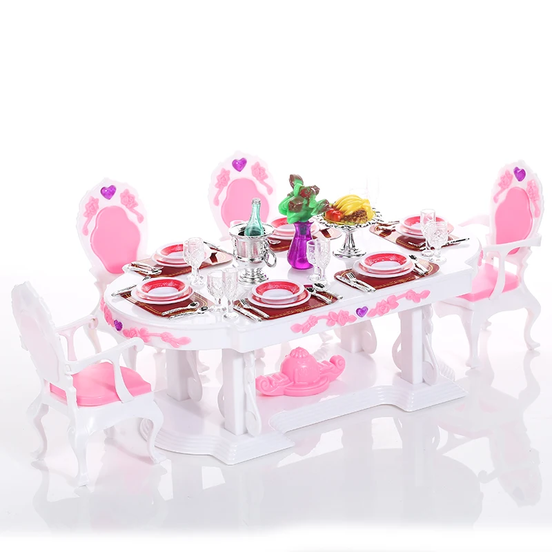 ارتفع قصر مجموعة غرفة الطعام ل دمية باربي 6 مقاعد الطاولات الطويلة مع 6 مجموعات فنون المائدة الكراسي الأم الطفل DIY ألعاب تعليمية