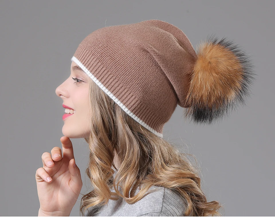 Winter Hats For Women Beanies Knitted Wool Pompon Beanies Female Real Raccoon Fur Pom Poms Hat For Girls 2018 (1)