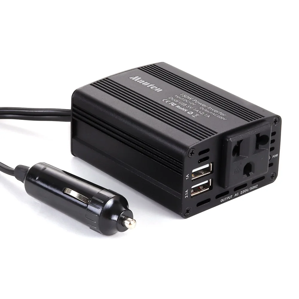 

150W Car Power Inverter 12V DC to 110V/220V AC Pure Sine Wave Power Dual USB Car Power Adapter US/EU Plug
