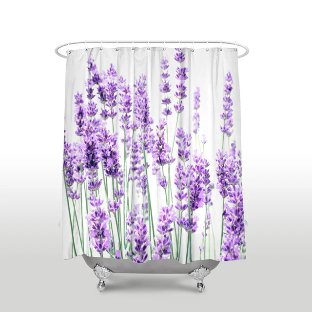 New Arrival Waterproof Lavender Shower Curtain with Hooks Polyester Fabric Flower Pattern
