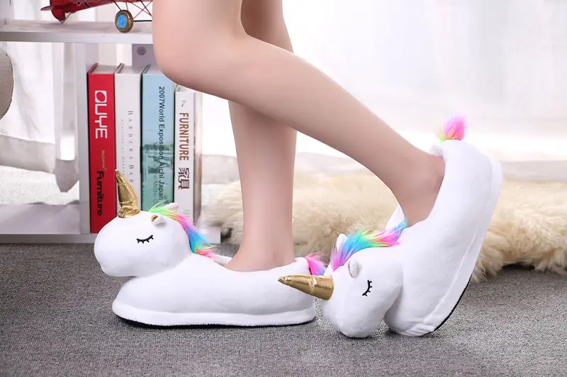 JUKPOP Winter Warm Indoor Slippers Cute Cartoon Plush Unicorn Slippers for Grown Ups White/Black Unisex Home Slippers JKP1640