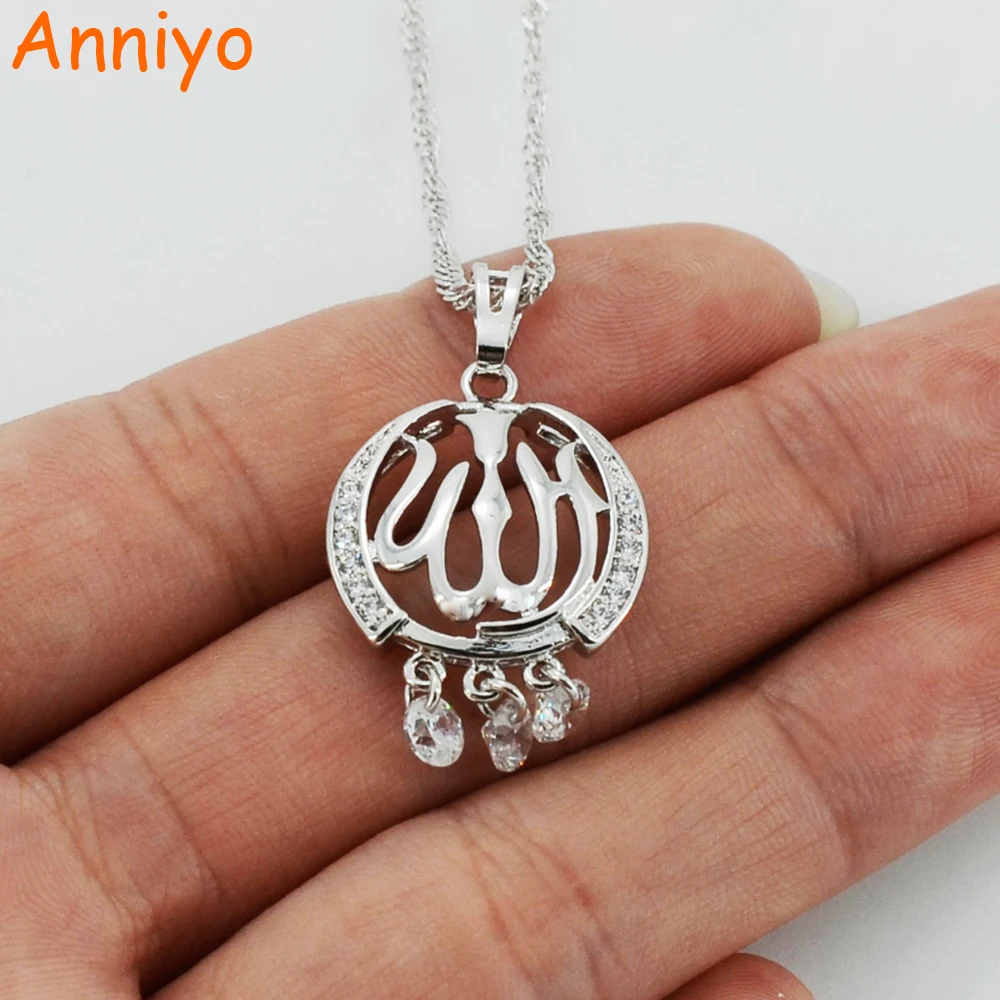 Anniyo Cubic Zirconia Allah Necklaces Women Silver Color Ahmed Arab