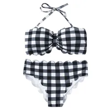 Для женщин пикантные туфли с низким вырезом на спине в клетку комплект бикини Холтер бикини купальник пуш-ап мягкий бюстгальтер, нижнее белье купальный костюм ванный комплект mar14