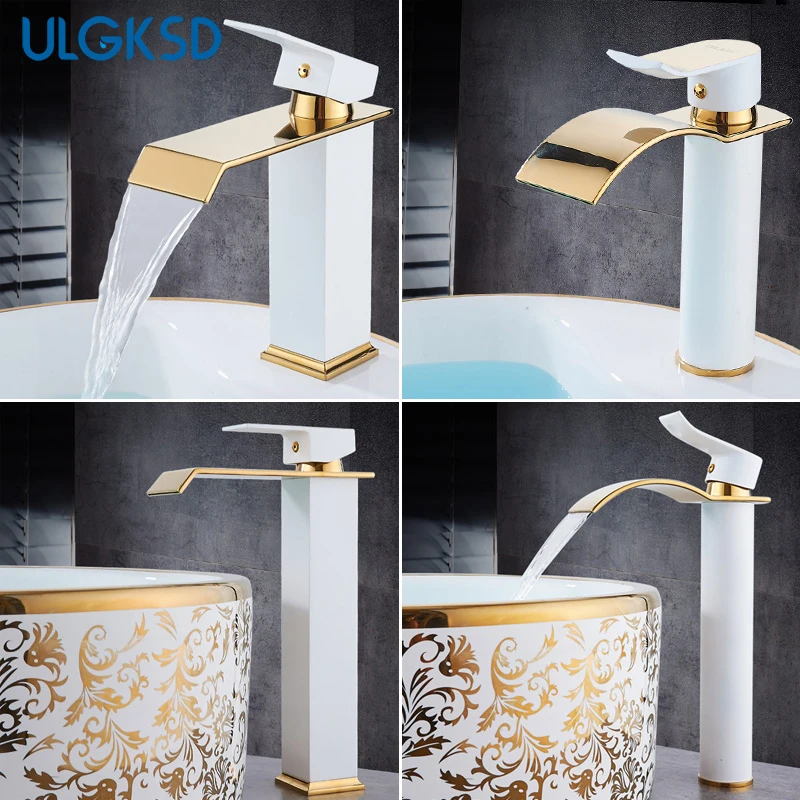 ULGKSD Bathroom Faucet Waterfall Counter-top Vanity Sink Mixer Tap Hot and Cold Waterfall Basin Faucets White and Golden 