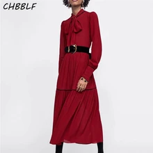 CHBBLF женское красное шифоновое платье миди галстук-бабочка с длинным рукавом плиссированная женская повседневная одежда платья до середины икры vestido XSZ18162