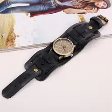 Splendide style d’été Nouveau Style Rétro Punk Rock Brun Grand Large En Cuir Bracelet Manchette Hommes Montre Cool