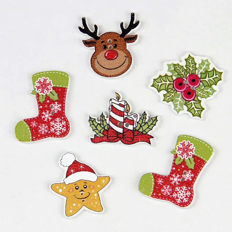 

2 Holes Mix Christmas Star, Candles, Santa,Sock 50pcs Wood Christmas Decorative Buttons Scrapbook Craft Sewing DIY Materials