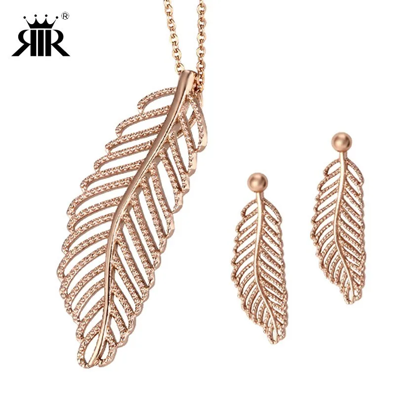 

RIR Rose Gold Necklace Leaf Shape Stainless Steel Simple Minimalist Charm Leaves Jewelry Set For Girlfriend Bridesmaid Gifts