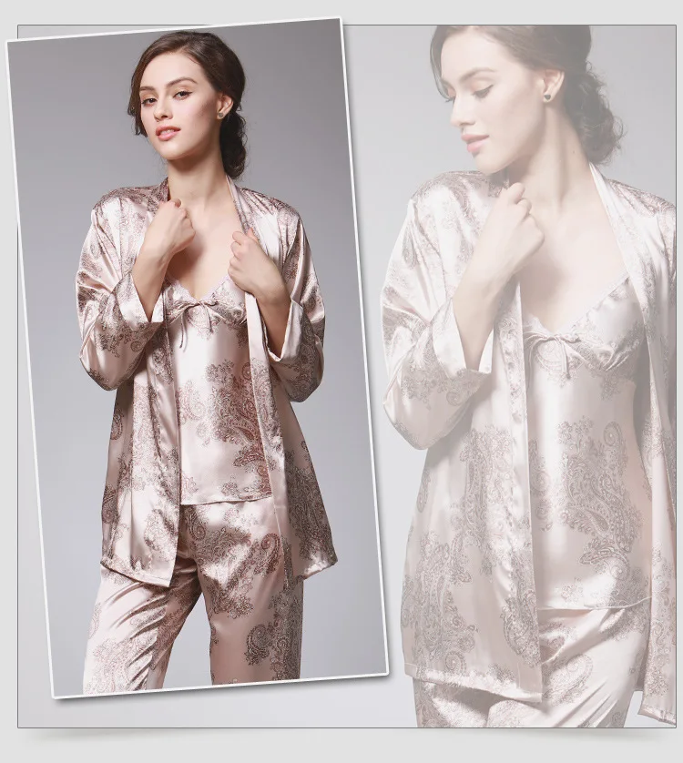 QWEEK Sexy Sleep Lounge 3 Pieces V-Neck Women Pajamas Set Elegant Print Long Sleeve Pyjamas Women Sleepwear Women Nightwear